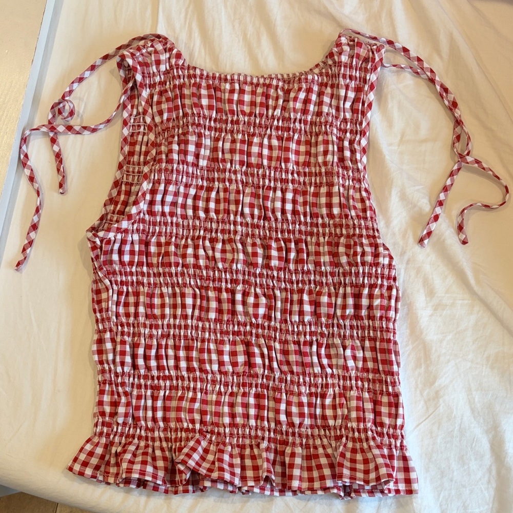 Beginning Boutique Red and White Gingham Smocked Tie-Shoulder Tank